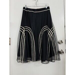 ANN TAYLOR LOFT Women Poly Mesh Flare Skirt Black Cream Ribbon Size 8